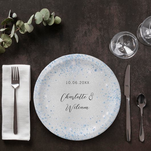 Assiettes En Carton Étincelle bleu argenté mariage