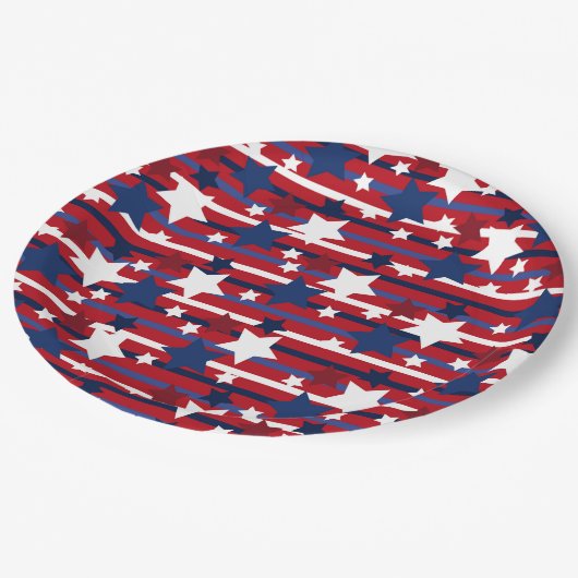 Assiettes En Carton Étincelle patriotique : Étoiles et rayures en mouv (Angle)