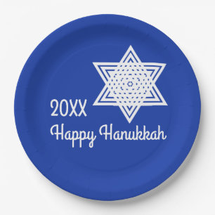 Assiettes En Carton Étoile de David Blanche sur Fond Bleu Hanukkah Pa