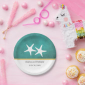Assiettes En Carton Étoile de mer blanche sur une plage sarcelle taché (Fête)