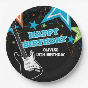 Assiettes En Carton Étoile de Rock Anniversaire Guitare Étoiles Bleu O