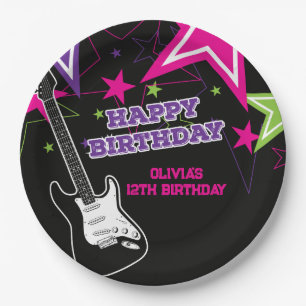 Assiettes En Carton Étoile de Rock Anniversaire Guitare Étoiles Rose P