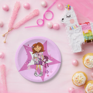 Assiettes En Carton Étoile rose et pourpre cheveux foncé fille enfant