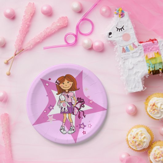 Assiettes En Carton Étoile rose et pourpre cheveux foncé fille enfant  (Fête)