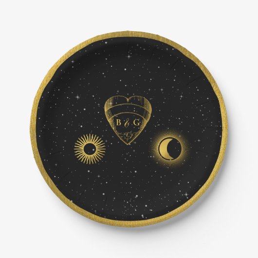 Assiettes En Carton Étoiles célestes Crescent Lune Mariage d'or noir (Devant)