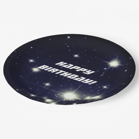 Assiettes En Carton Étoiles dans l'espace profond Bleu foncé Joyeux an (Angle)