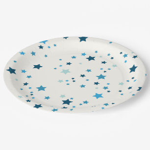 Assiettes En Carton Étoiles dans plusieurs tons de bleu sur blanc