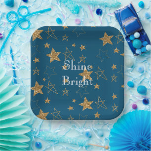 Assiettes En Carton Étoiles de Parties scintillant en or bleu