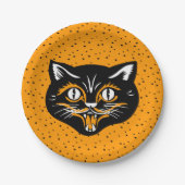 Assiettes En Carton Étoiles de visage de chat Halloween noir et orange (Devant)