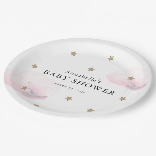 Assiettes En Carton Etoiles d'or et Baby shower de nuages roses (Angle)