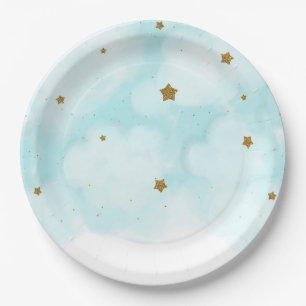 Assiettes En Carton Étoiles Dorées et Nuages Ciel Bleu Fête de Naissan