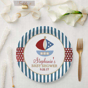 Assiettes En Carton Étoiles et rayures Baby shower nautique