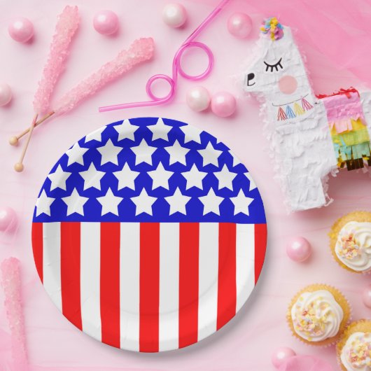 Assiettes En Carton Étoiles N rayures Rouge Blanc Bleu (Fête)