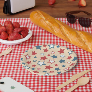 Assiettes En Carton Étoiles rouges et bleues, 4 juillet, fond beige