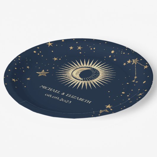 Assiettes En Carton Étoiles Soleil Or Céleste Et Lune (Angle)