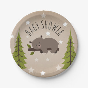 Assiettes En Carton Étoiles somnolentes d'ours + Baby shower d'arbres