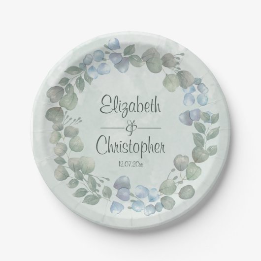 Assiettes En Carton Eucalyptus Aquarelle Sage Vert bleu foncé (Devant)