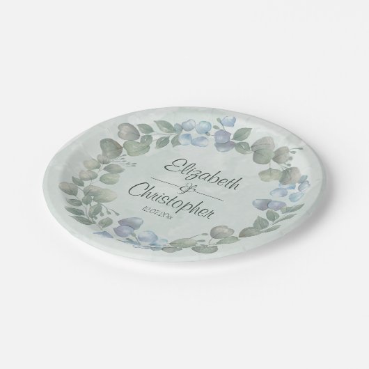Assiettes En Carton Eucalyptus Aquarelle Sage Vert bleu foncé (Angle)