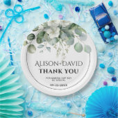 Assiettes En Carton Eucalyptus avec fleurs blanches typographie mariag (Fête)