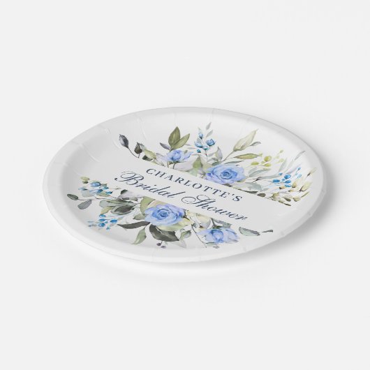 Assiettes En Carton Eucalyptus Bleu Élégant Roses Fleur Mariage (Angle)