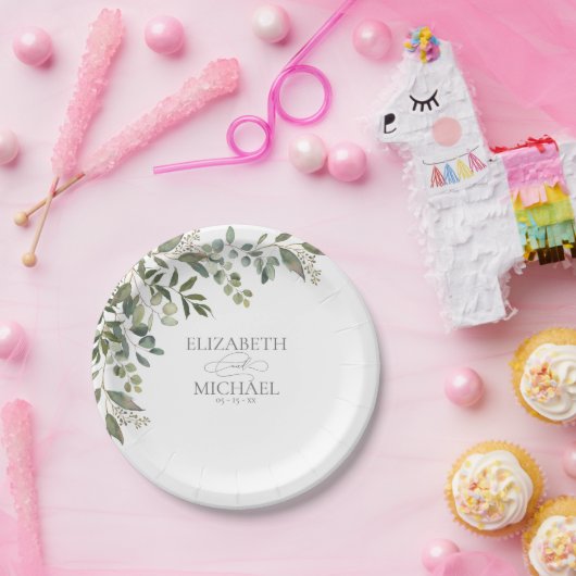 Assiettes En Carton Eucalyptus Botanique Sage Vert Papier Mariage Plat (Fête)