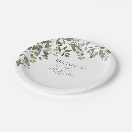 Assiettes En Carton Eucalyptus Botanique Sage Vert Papier Mariage Plat (Angle)