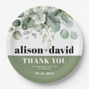 Assiettes En Carton Eucalyptus et fleurs blanches typographie mariage