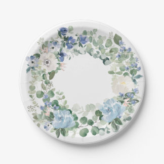 Assiettes En Carton Eucalyptus et Fleurs Bleu Clair Cottage Core 