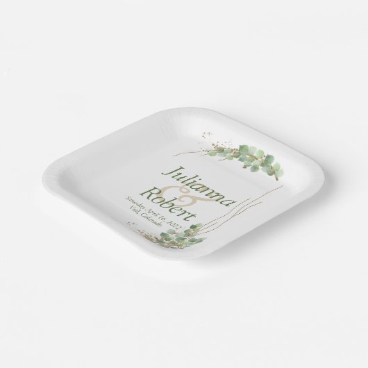 Assiettes En Carton Eucalyptus et plaques en papier mariage or (Angulaire)