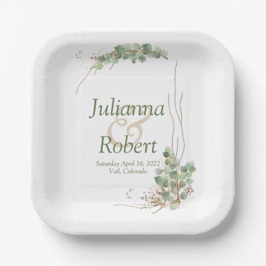 Assiettes En Carton Eucalyptus et plaques en papier mariage or (Recto)
