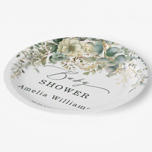 Assiettes En Carton Eucalyptus Fleur Aquarelle Vert Or (Angle)