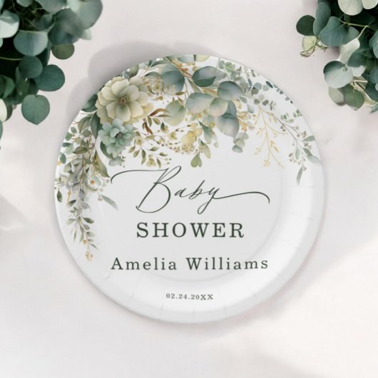 Assiettes En Carton Eucalyptus Fleur Aquarelle Vert Or