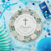 Assiettes En Carton Eucalyptus Fleurs Blanches Baptême (Fête)