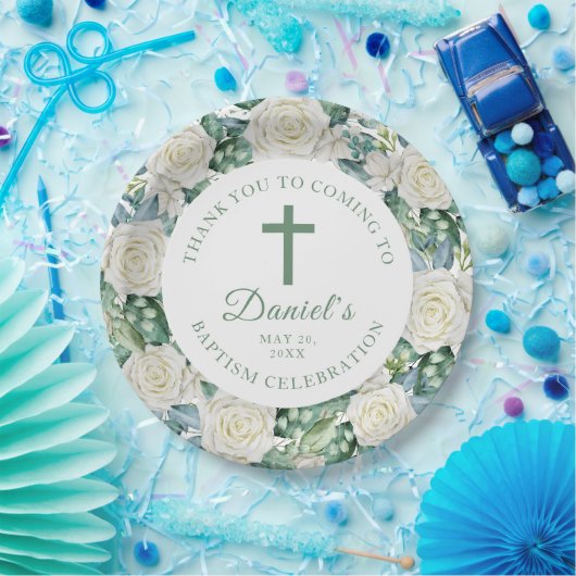 Assiettes En Carton Eucalyptus Fleurs Blanches Baptême (Fête)