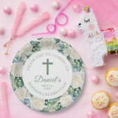 Assiettes En Carton Eucalyptus Fleurs Blanches Baptême (Fête)