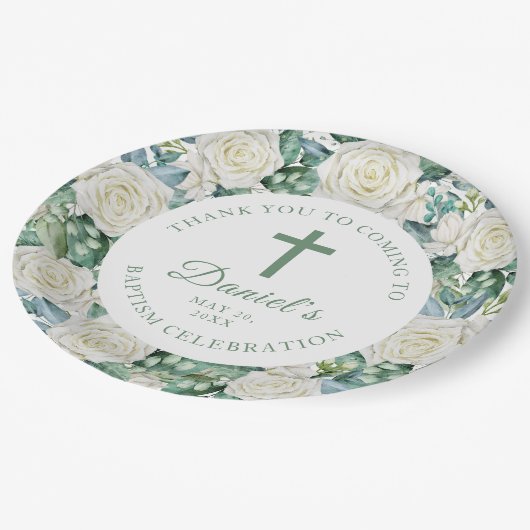 Assiettes En Carton Eucalyptus Fleurs Blanches Baptême (Angle)