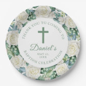Assiettes En Carton Eucalyptus Fleurs Blanches Baptême (Devant)