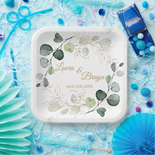 Assiettes En Carton Eucalyptus Foliage Or Feuille Mariage Plaque papie (Fête)