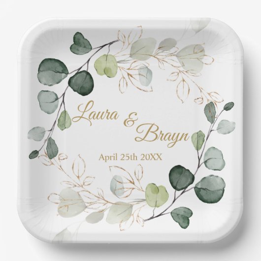 Assiettes En Carton Eucalyptus Foliage Or Feuille Mariage Plaque papie (Recto)