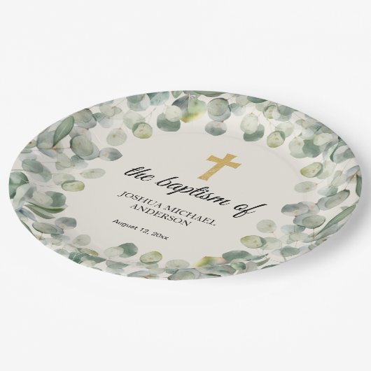 Assiettes En Carton Eucalyptus Gold Cross Baptême Religieux (Angle)