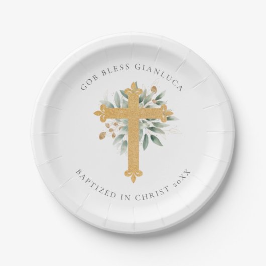 Assiettes En Carton Eucalyptus Green & Gold Cross Baptism Party (Devant)