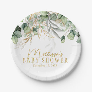 Assiettes En Carton Eucalyptus Green Leaf vert & Baby shower or
