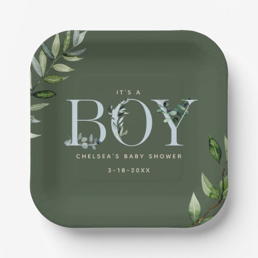 Assiettes En Carton Eucalyptus Letter Baby shower Garçon bleu vert (Recto)