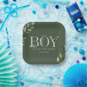 Assiettes En Carton Eucalyptus Lettering Green Boy Baby shower (Fête)