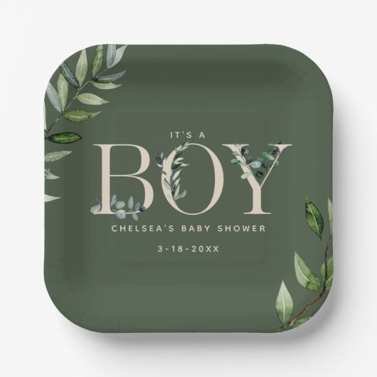Assiettes En Carton Eucalyptus Lettering Green Boy Baby shower (Recto)