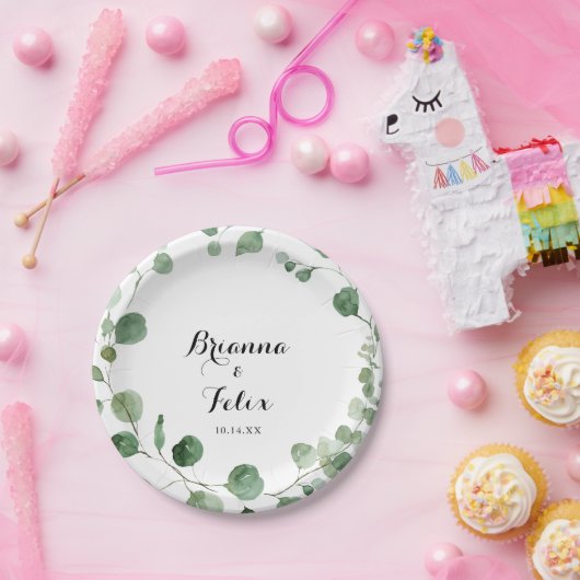 Assiettes En Carton Eucalyptus Moderne Calligraphie Mariage Gâteau (Fête)