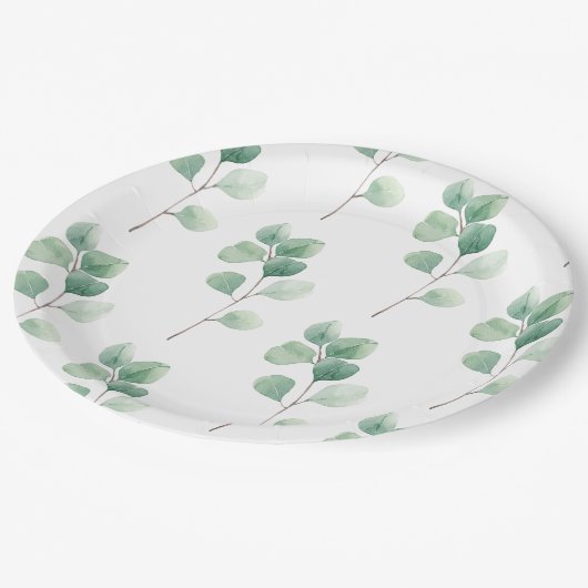 Assiettes En Carton Eucalyptus Motif vert (Angle)