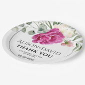 Assiettes En Carton Eucalyptus, rose fleurs typographie mariage (Angle)