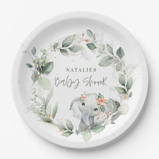 Assiettes En Carton eucalyptus sauge vert mignon baby shower d'éléphan (Devant)