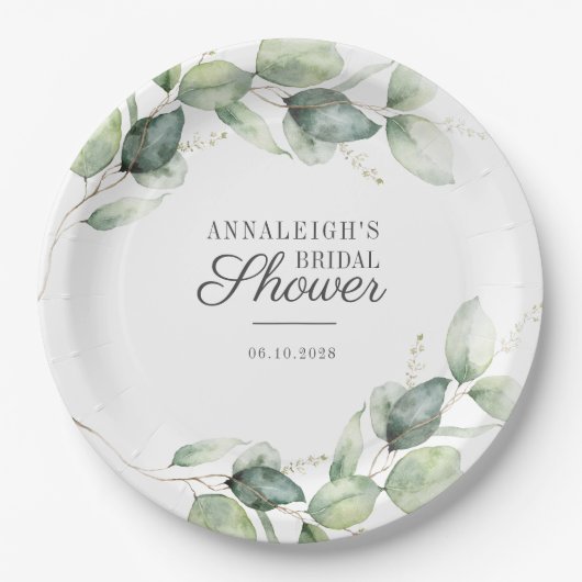 Assiettes En Carton Eucalyptus Script Greenery Botanical Bridal Shower (Devant)